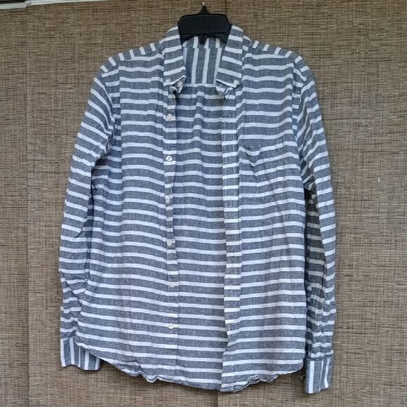 Gray and White Striped Button-Up Linen Cotton Shirt - Picture 1 of 4